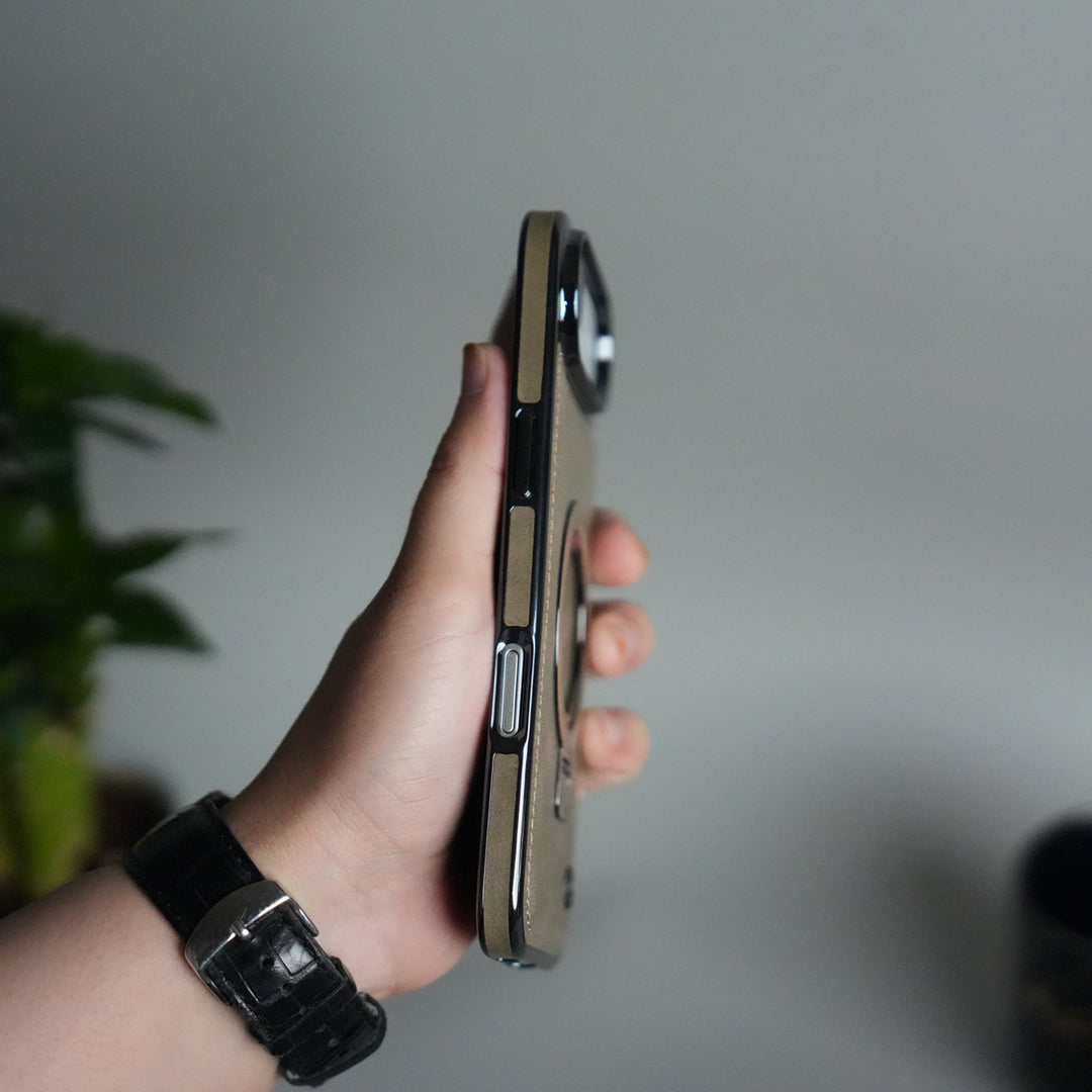 iPhone 17 Air PU Leather Chrome Side Case With Ring Metal Stand