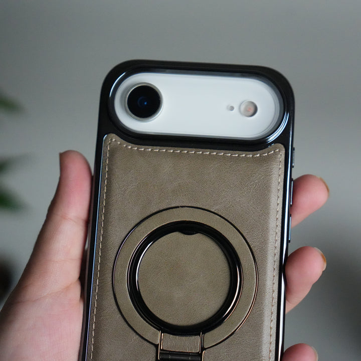iPhone 17 Air PU Leather Chrome Side Case With Ring Metal Stand