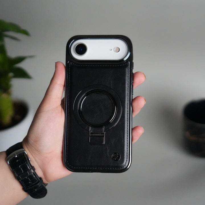iPhone 17 Air PU Leather Chrome Side Case With Ring Metal Stand