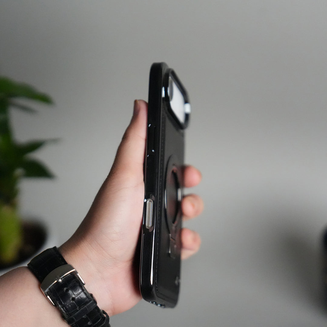 iPhone 17 Air PU Leather Chrome Side Case With Ring Metal Stand