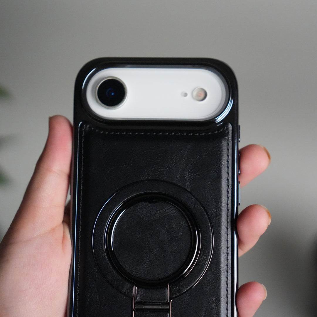 iPhone 17 Air PU Leather Chrome Side Case With Ring Metal Stand