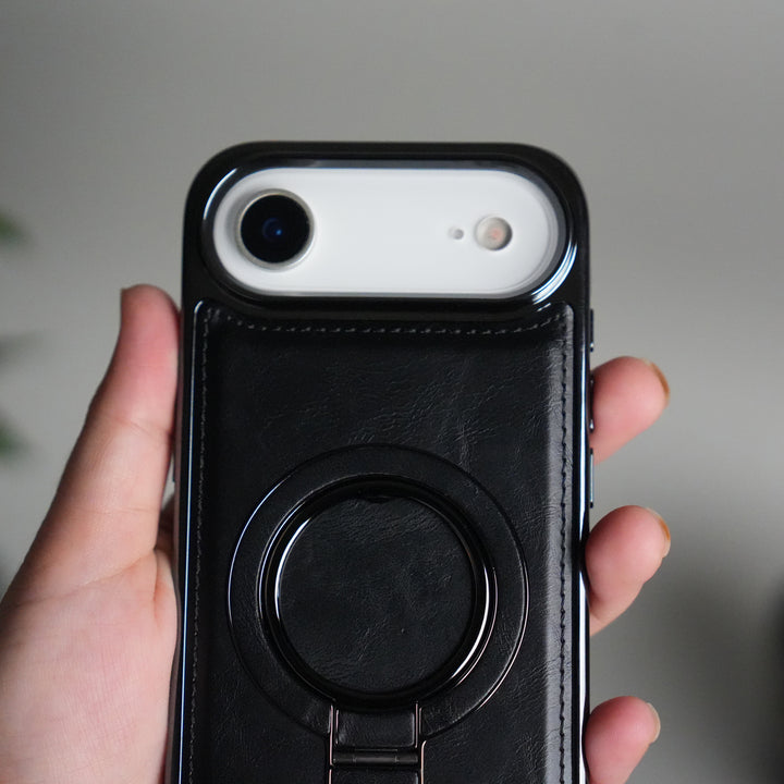 iPhone 17 Air PU Leather Chrome Side Case With Ring Metal Stand