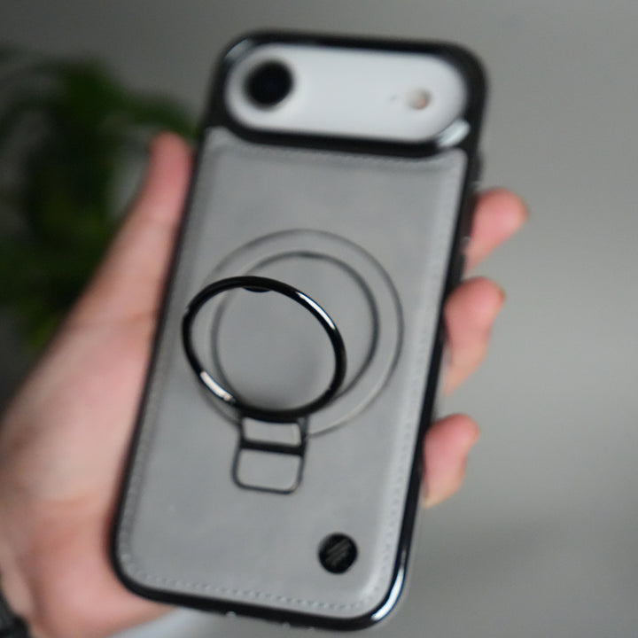 iPhone 17 Air PU Leather Chrome Side Case With Ring Metal Stand