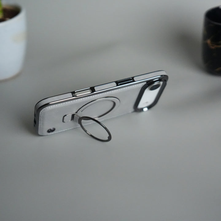 iPhone 17 Air PU Leather Chrome Side Case With Ring Metal Stand