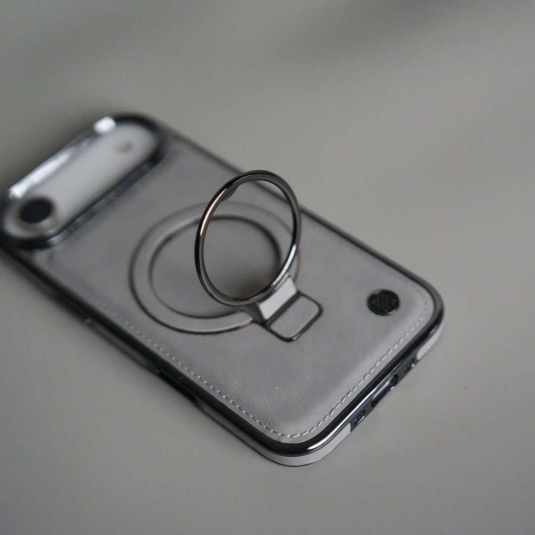 iPhone 17 Air PU Leather Chrome Side Case With Ring Metal Stand
