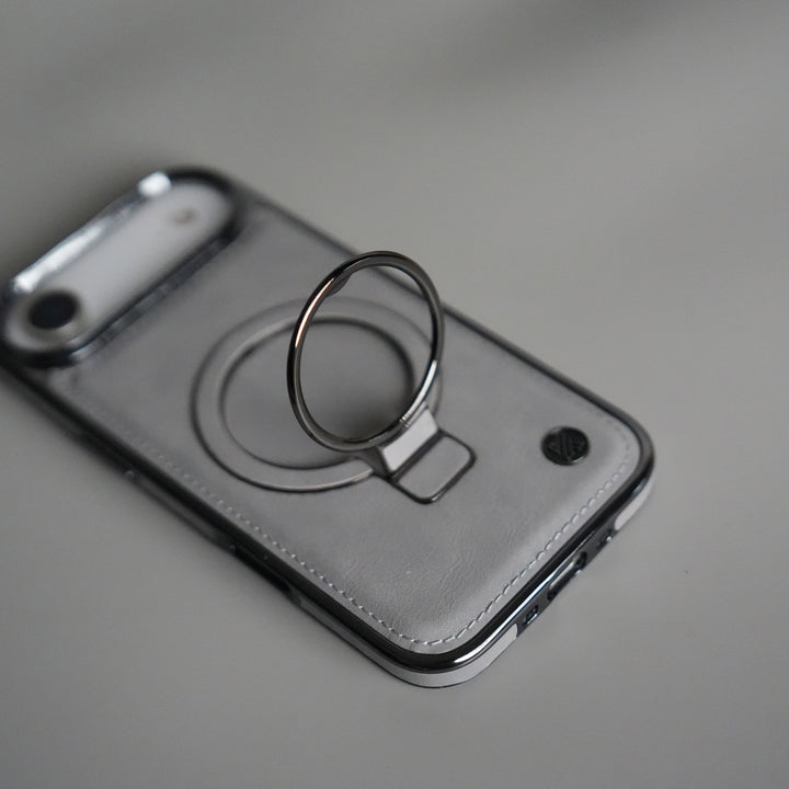iPhone 17 Air PU Leather Chrome Side Case With Ring Metal Stand