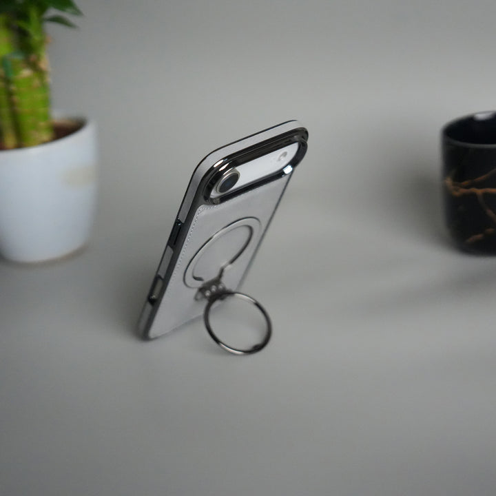 iPhone 17 Air PU Leather Chrome Side Case With Ring Metal Stand