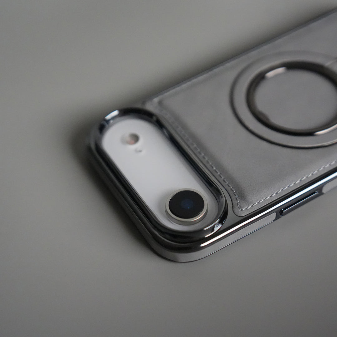iPhone 17 Air PU Leather Chrome Side Case With Ring Metal Stand