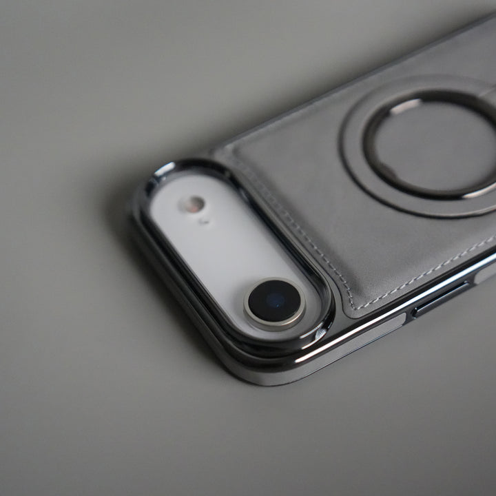 iPhone 17 Air PU Leather Chrome Side Case With Ring Metal Stand