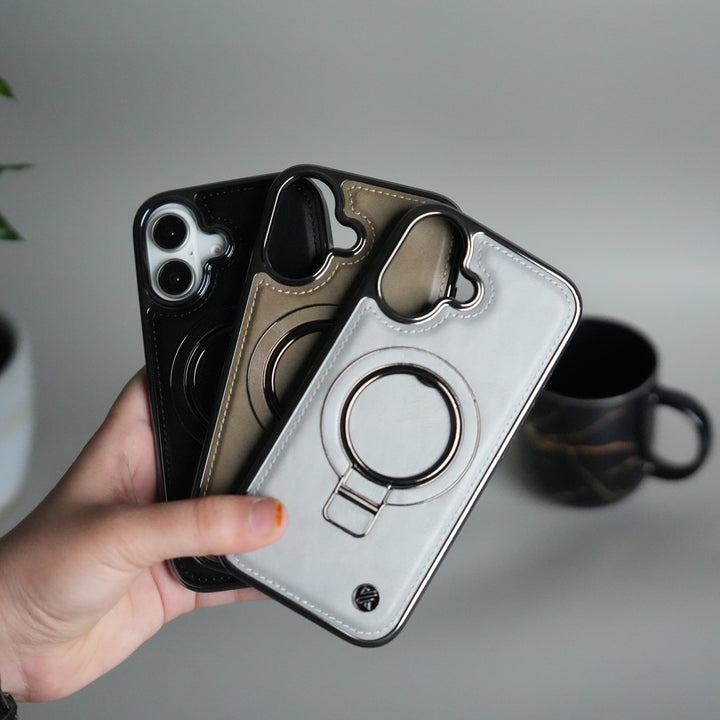 iPhone 17 PU Leather Chrome Side Case With Ring Metal Stand