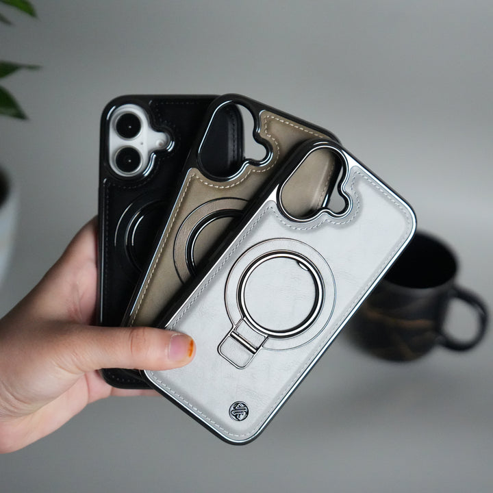 iPhone 17 PU Leather Chrome Side Case With Ring Metal Stand
