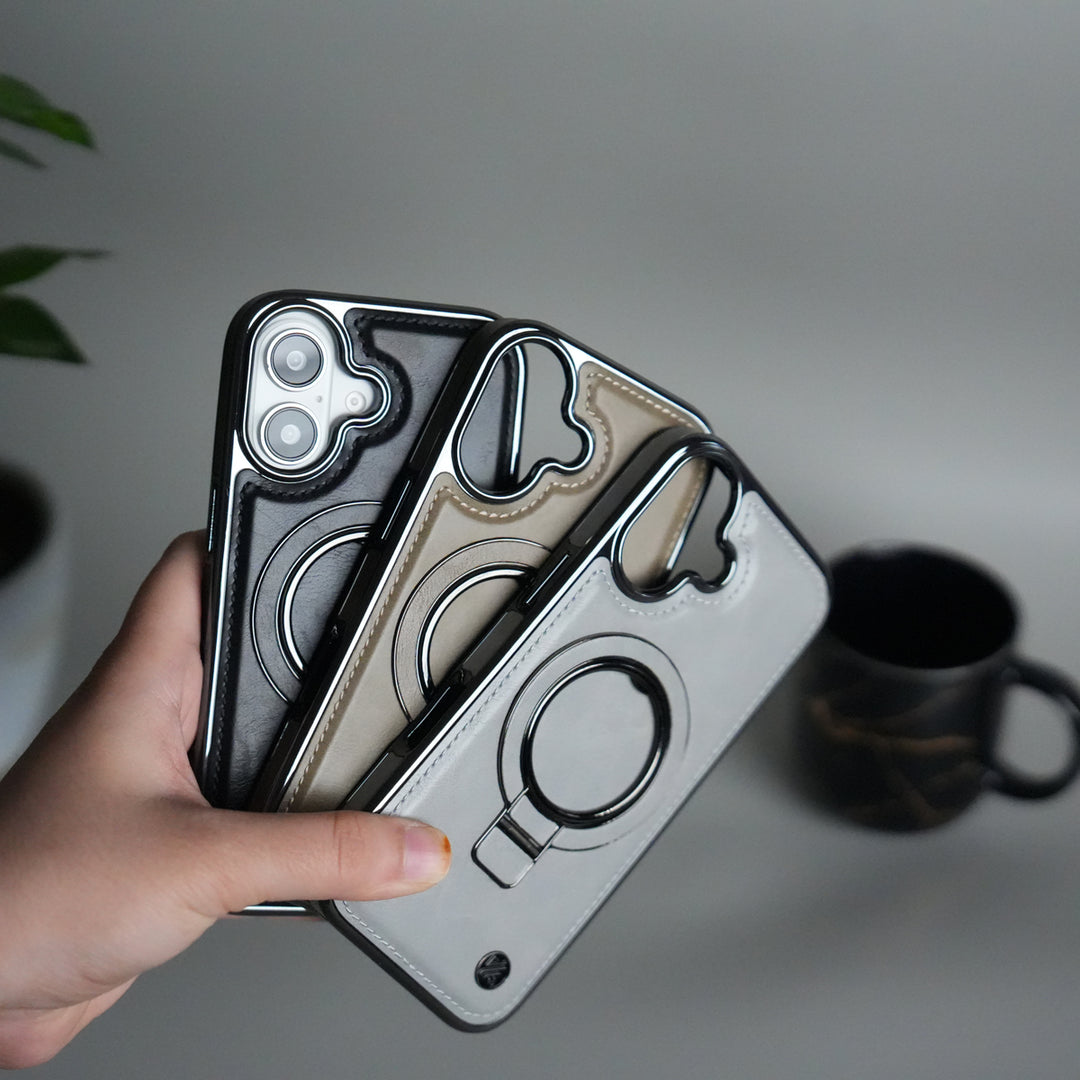iPhone 17 PU Leather Chrome Side Case With Ring Metal Stand