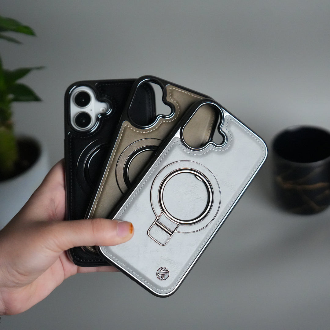 iPhone 17 PU Leather Chrome Side Case With Ring Metal Stand