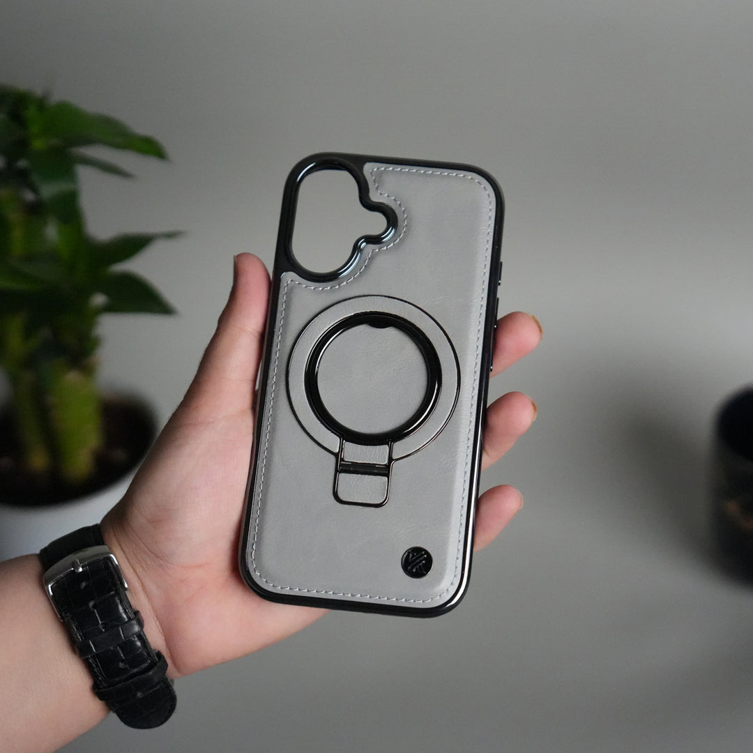 iPhone 17 PU Leather Chrome Side Case With Ring Metal Stand
