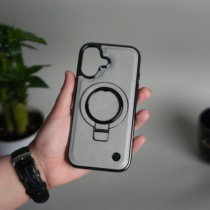iPhone 17 PU Leather Chrome Side Case With Ring Metal Stand