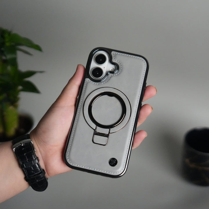 iPhone 17 PU Leather Chrome Side Case With Ring Metal Stand