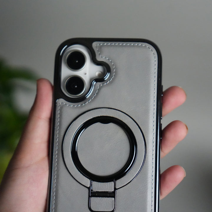 iPhone 17 PU Leather Chrome Side Case With Ring Metal Stand