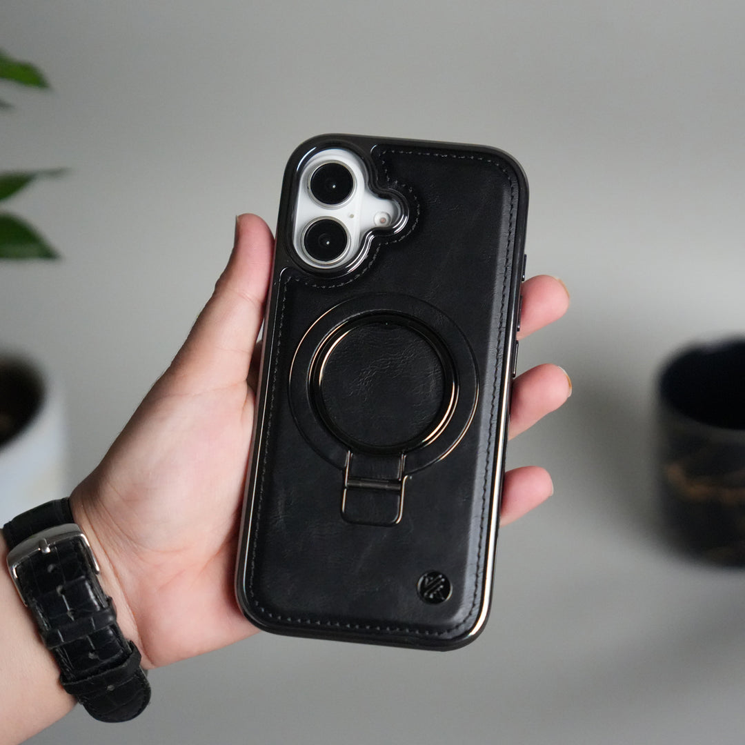 iPhone 17 PU Leather Chrome Side Case With Ring Metal Stand