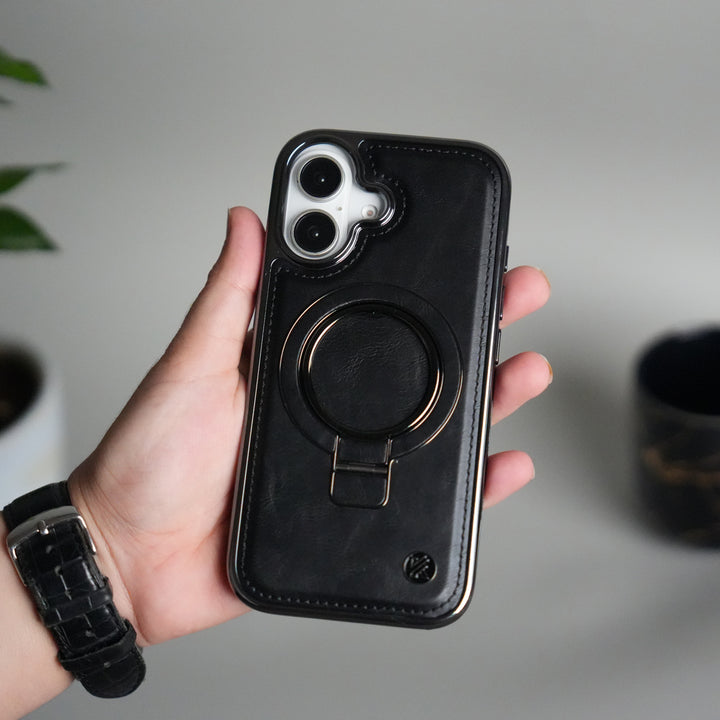 iPhone 17 PU Leather Chrome Side Case With Ring Metal Stand