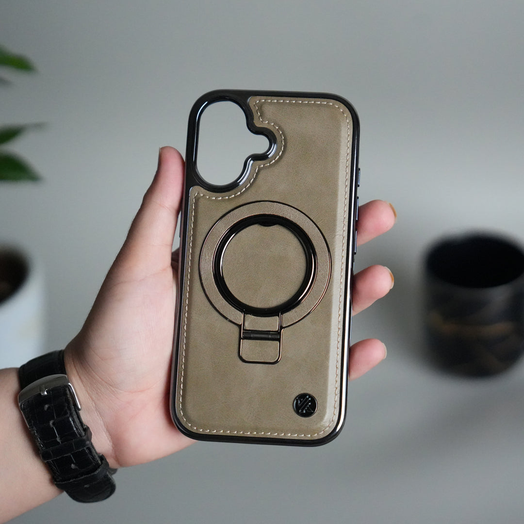 iPhone 17 PU Leather Chrome Side Case With Ring Metal Stand