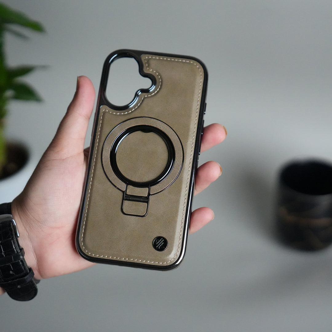 iPhone 17 PU Leather Chrome Side Case With Ring Metal Stand