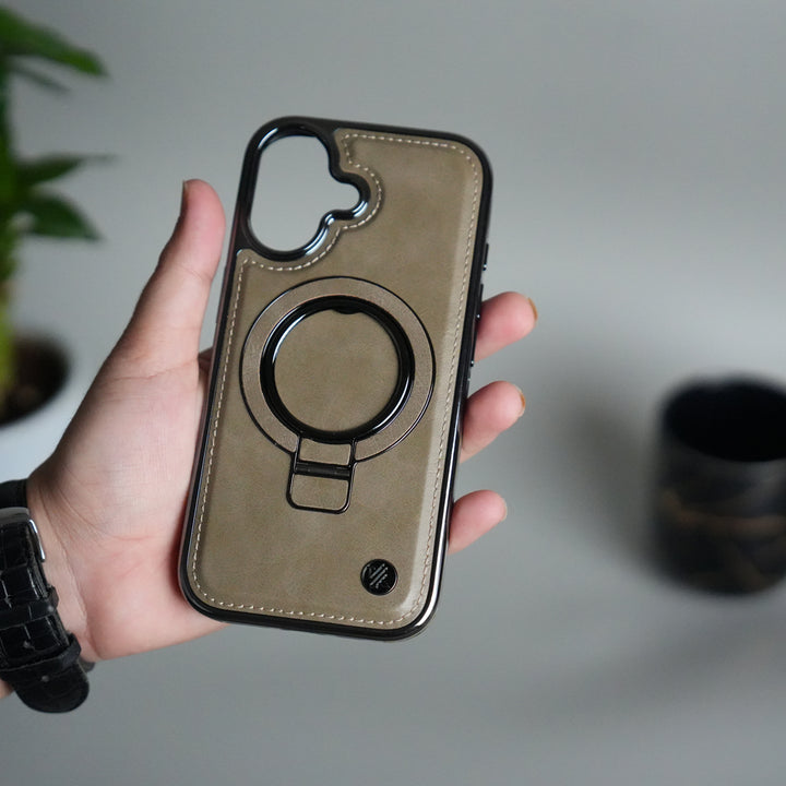 iPhone 17 PU Leather Chrome Side Case With Ring Metal Stand