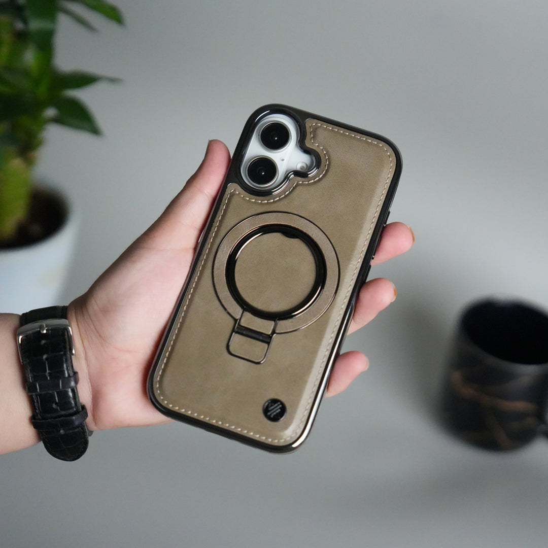 iPhone 17 PU Leather Chrome Side Case With Ring Metal Stand