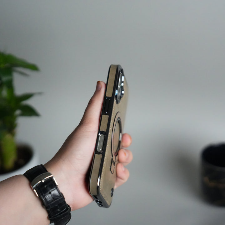 iPhone 17 PU Leather Chrome Side Case With Ring Metal Stand