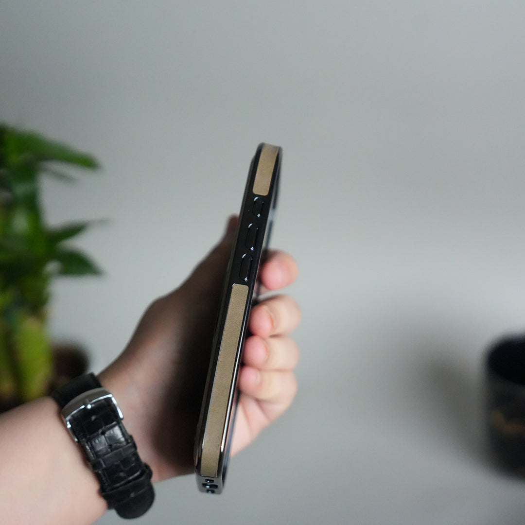 iPhone 17 PU Leather Chrome Side Case With Ring Metal Stand