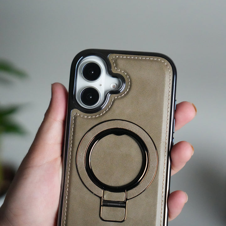 iPhone 17 PU Leather Chrome Side Case With Ring Metal Stand