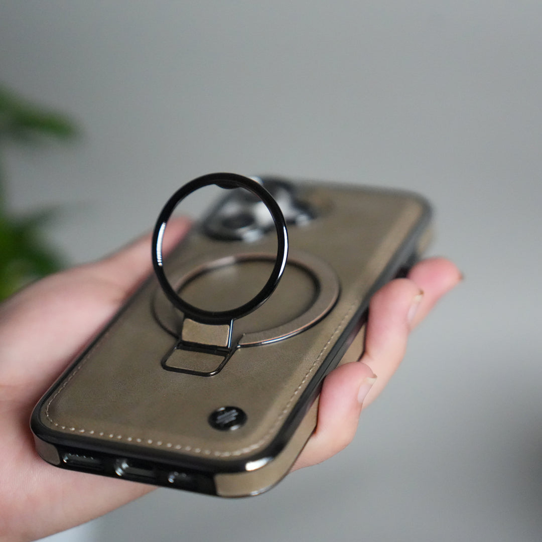 iPhone 17 PU Leather Chrome Side Case With Ring Metal Stand