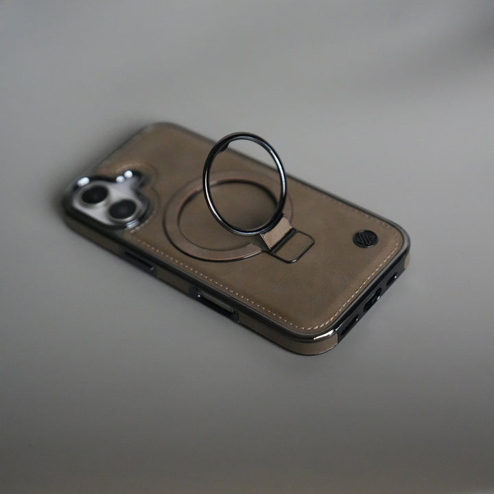 iPhone 17 PU Leather Chrome Side Case With Ring Metal Stand