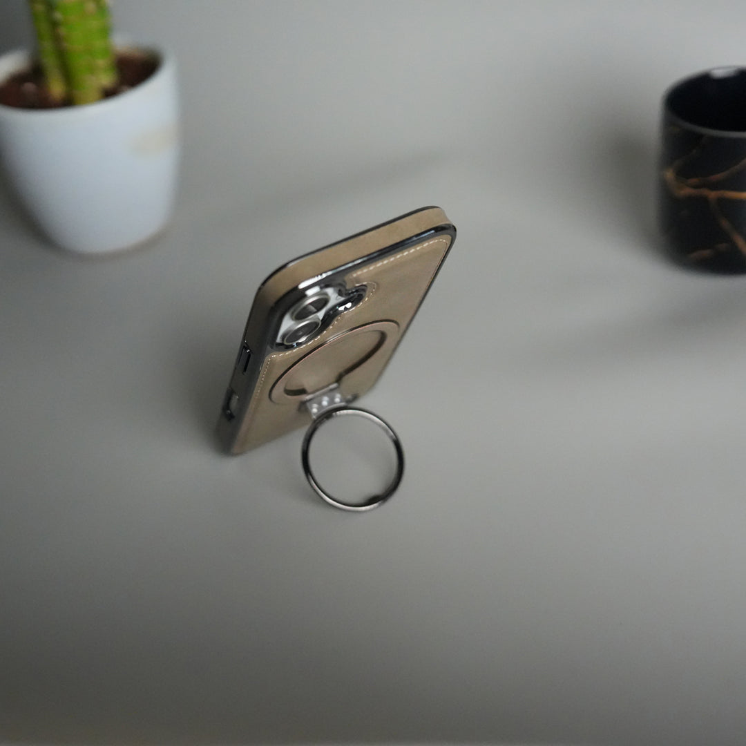 iPhone 17 PU Leather Chrome Side Case With Ring Metal Stand