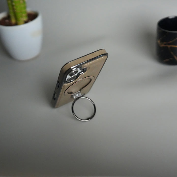 iPhone 17 PU Leather Chrome Side Case With Ring Metal Stand