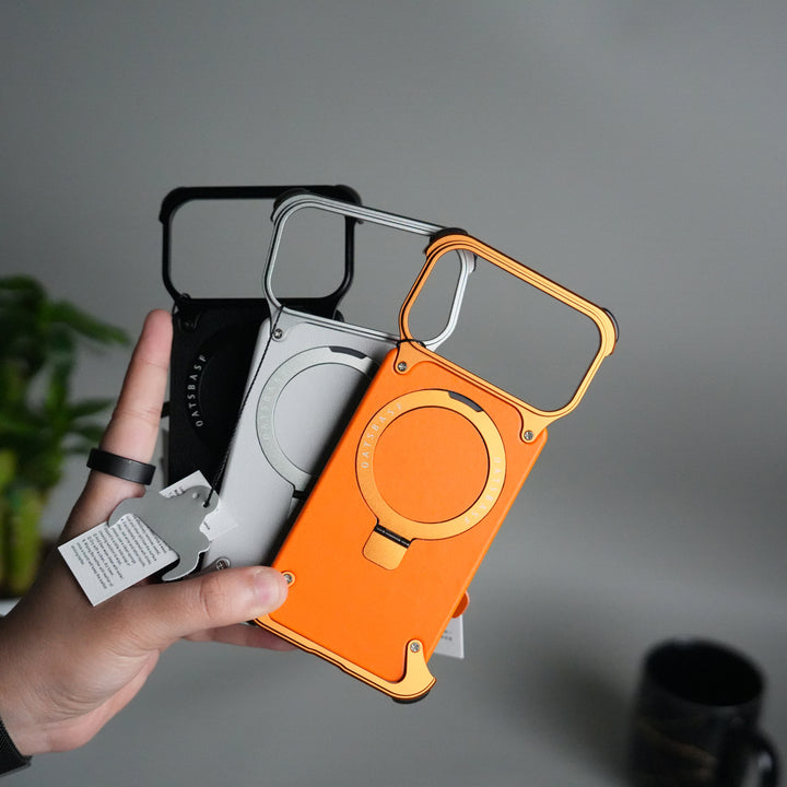 iPhone 17 Pro Max Leather Frameless Metal Kickstand Case