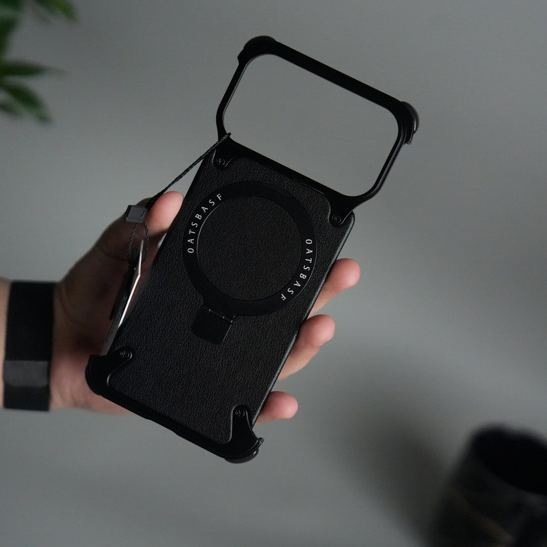 iPhone 17 Pro Max Leather Frameless Metal Kickstand Case