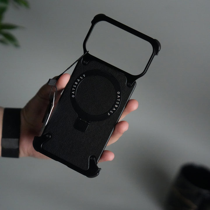 iPhone 17 Pro Max Leather Frameless Metal Kickstand Case