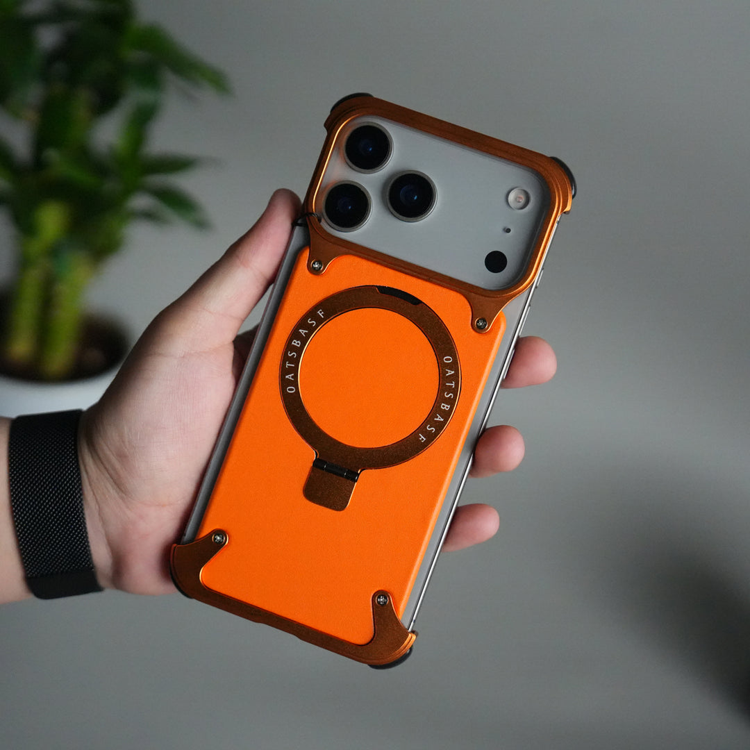 iPhone 17 Pro Max Leather Frameless Metal Kickstand Case