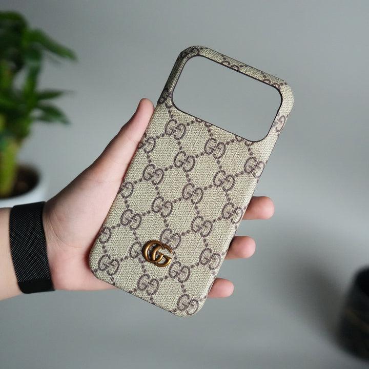 iPhone 17 Pro Max Luxury GG Pattern PU Leather Camera Bump Case
