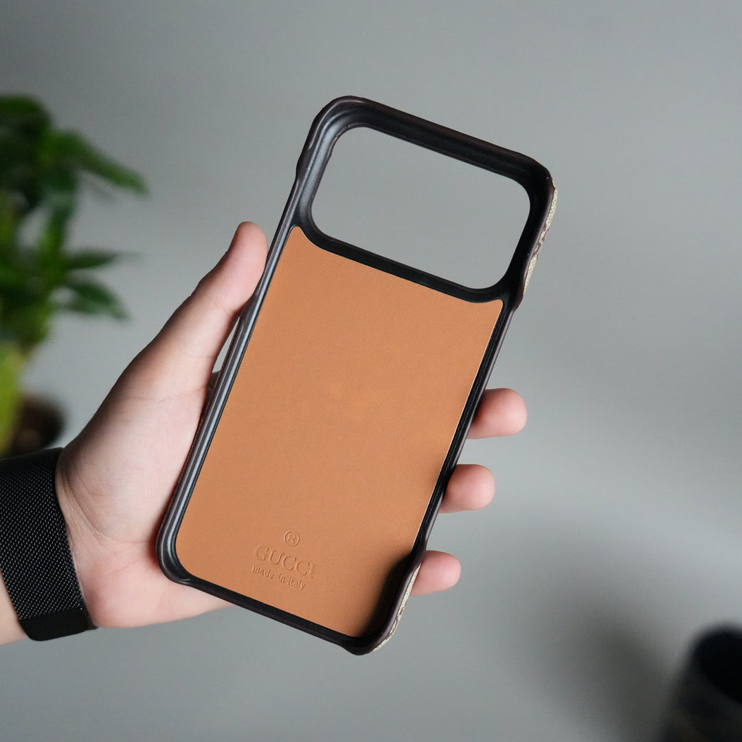 iPhone 17 Pro Max Luxury GG Pattern PU Leather Camera Bump Case