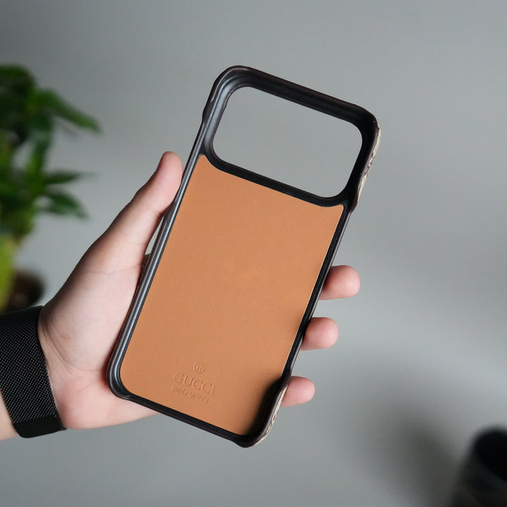 iPhone 17 Pro Max Luxury GG Pattern PU Leather Camera Bump Case