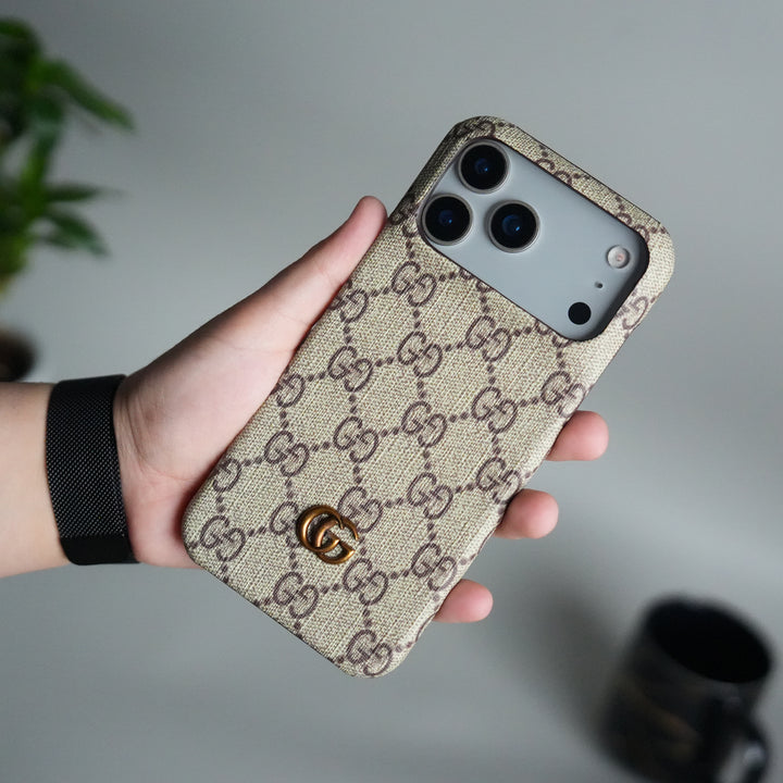 iPhone 17 Pro Max Luxury GG Pattern PU Leather Camera Bump Case