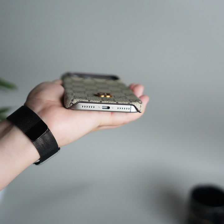 iPhone 17 Pro Max Luxury GG Pattern PU Leather Camera Bump Case