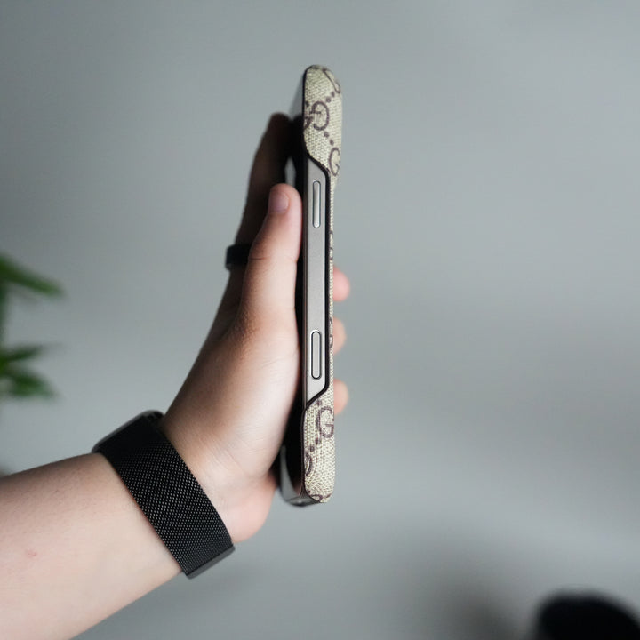 iPhone 17 Pro Max Luxury GG Pattern PU Leather Camera Bump Case