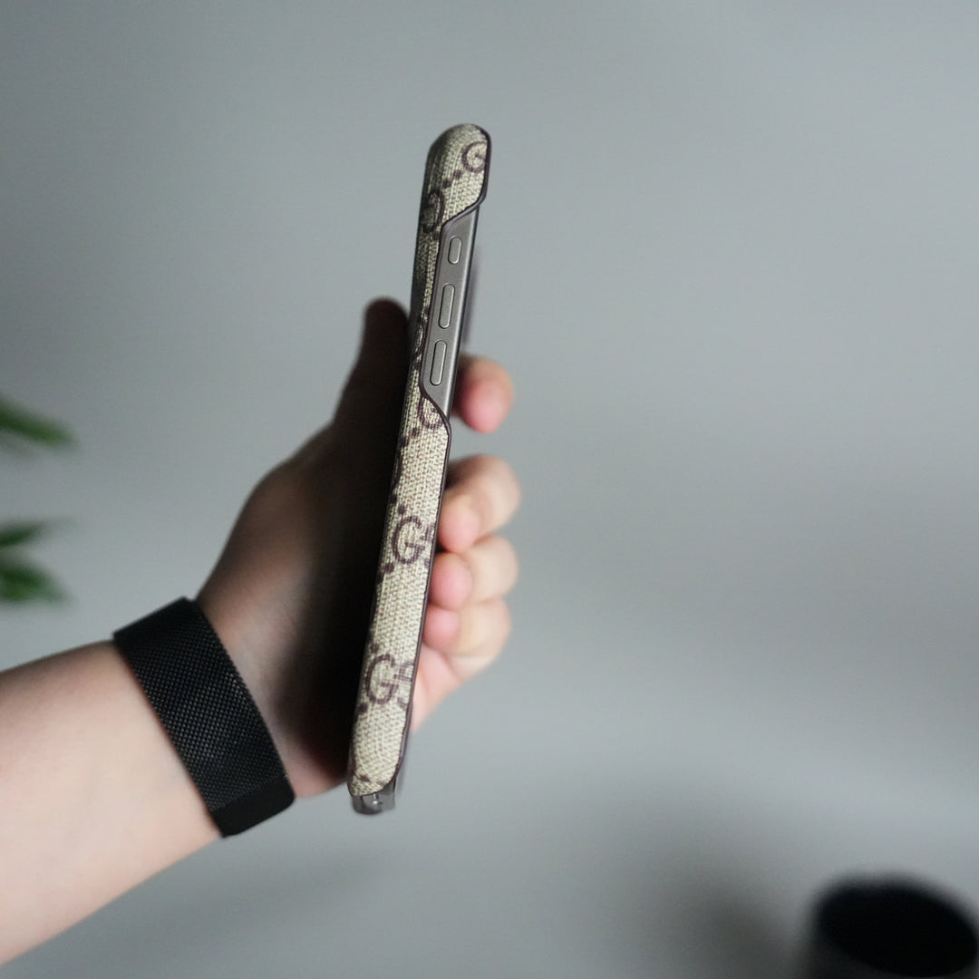 iPhone 17 Pro Max Luxury GG Pattern PU Leather Camera Bump Case