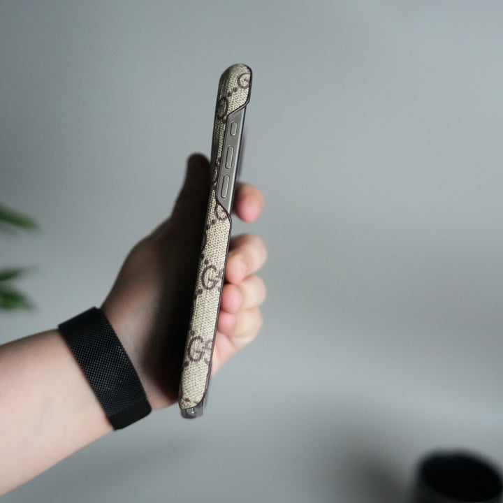 iPhone 17 Pro Max Luxury GG Pattern PU Leather Camera Bump Case