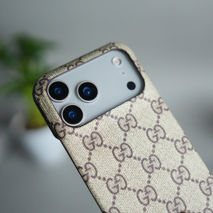 iPhone 17 Pro Max Luxury GG Pattern PU Leather Camera Bump Case