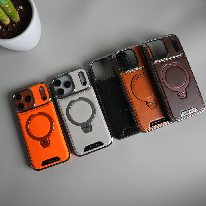 iPhone 17 Pro Luxury Leather Magnetic Ring Case | Metal Kickstand Cover with Chrome Frame