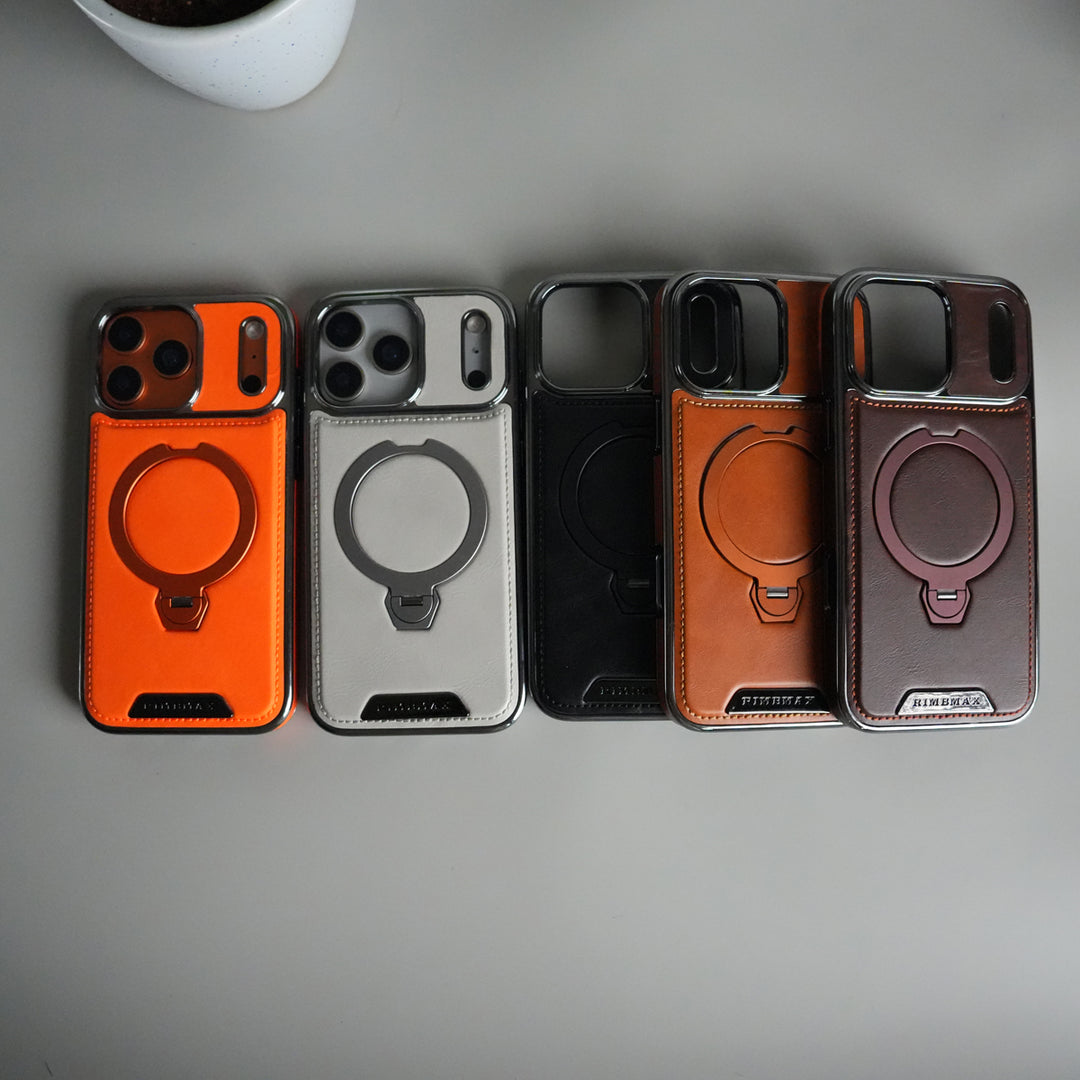iPhone 17 Pro Luxury Leather Magnetic Ring Case | Metal Kickstand Cover with Chrome Frame