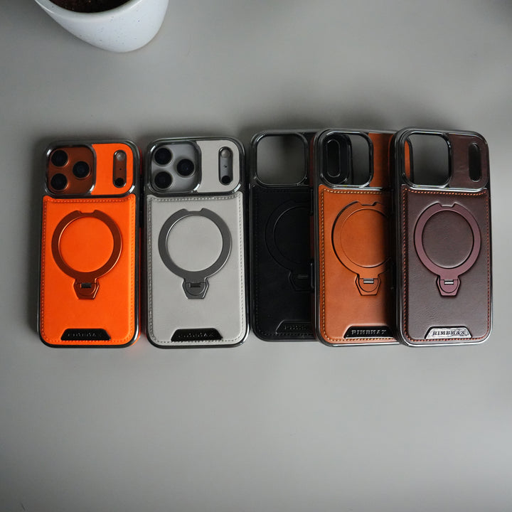 iPhone 17 Pro Luxury Leather Magnetic Ring Case | Metal Kickstand Cover with Chrome Frame